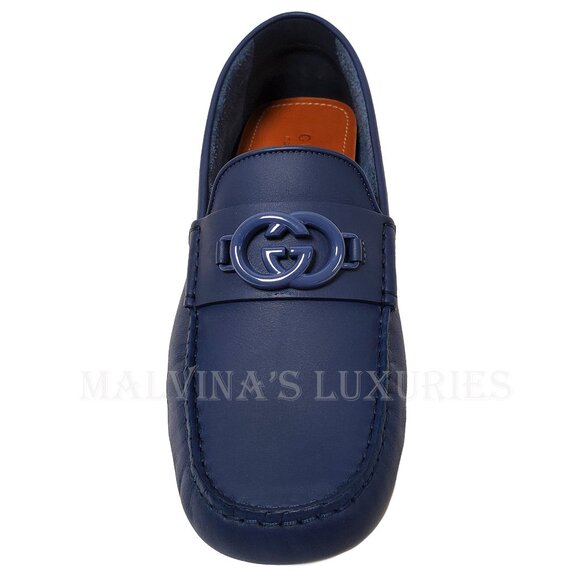 GUCCI SHOES MENS LOAFERS MOCCASINS G LOGO BLUE LEATHER - Picture 7 of 16